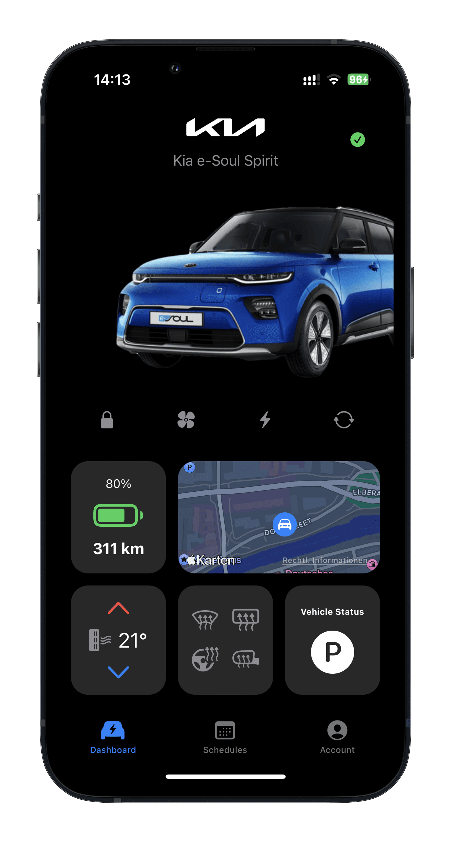 Screenshot of the Sparky iOS app, which is displaying information about the Kia e-Soul